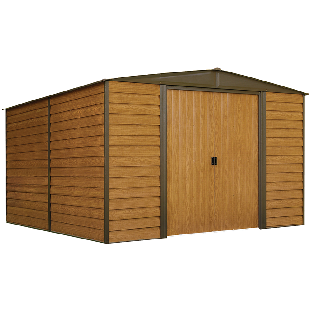 Arrow Woodridge Steel Shed In Coffee/Woodgrain